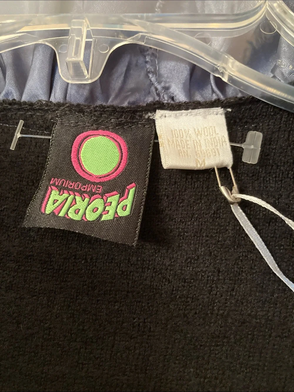 Peoria Emporium Black Wool Cardigan with Dusty Blue Ruffles